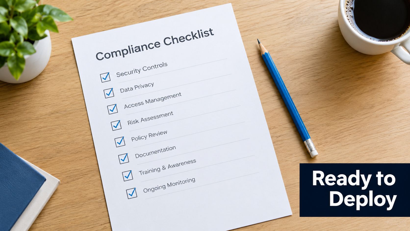 A compliance checklist on a wooden desk showing checkmarks next to various business security tasks.