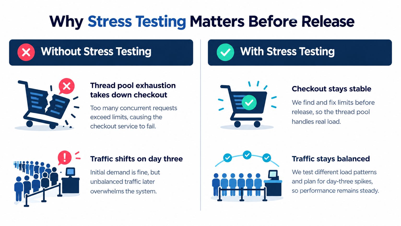 A comparison infographic showing how stress testing prevents checkout failures and balances traffic for better performance.