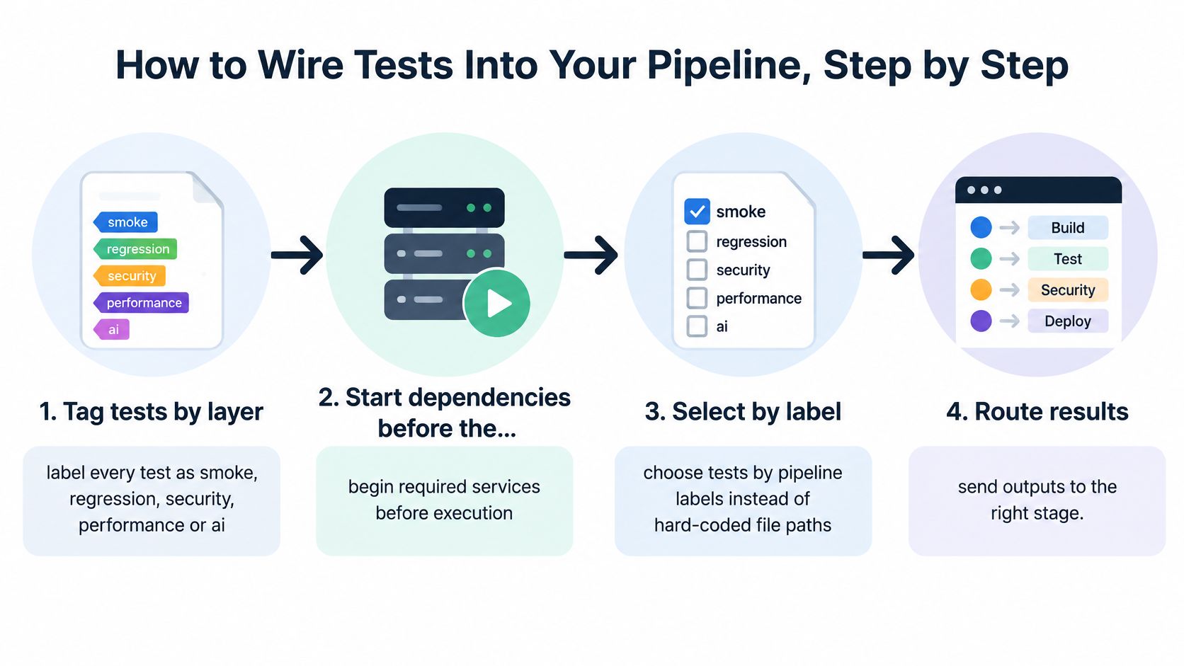A four-step infographic illustrating how to wire software tests into a CI/CD pipeline using labels.
