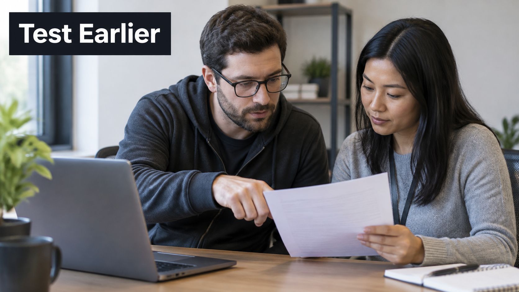A man and a woman collaborating on a document while working together at a laptop in office