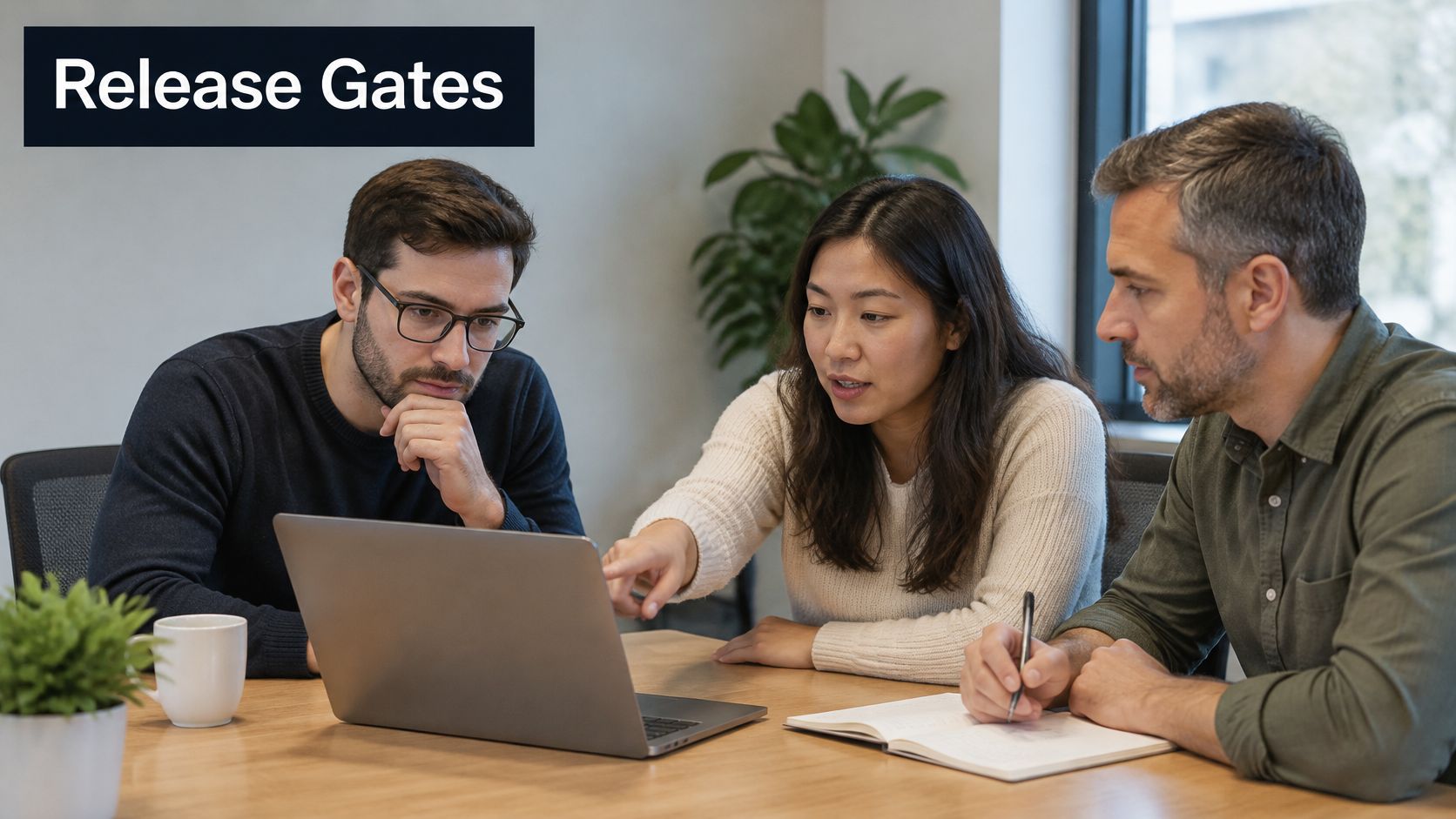 A professional team of three collaborating on software project release gates while looking at a laptop screen.