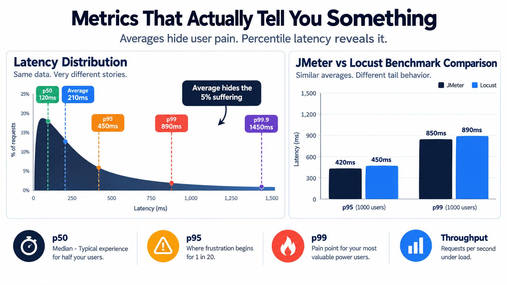 A chart explaining why latency distribution and percentiles reveal user pain better than simple averages in performance testing.