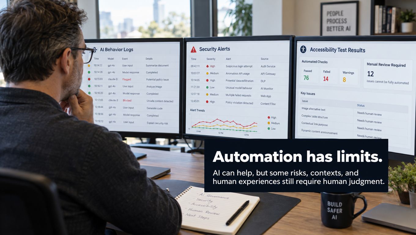 A professional analyzing AI behavior logs and security alerts on computer screens at a desk.
