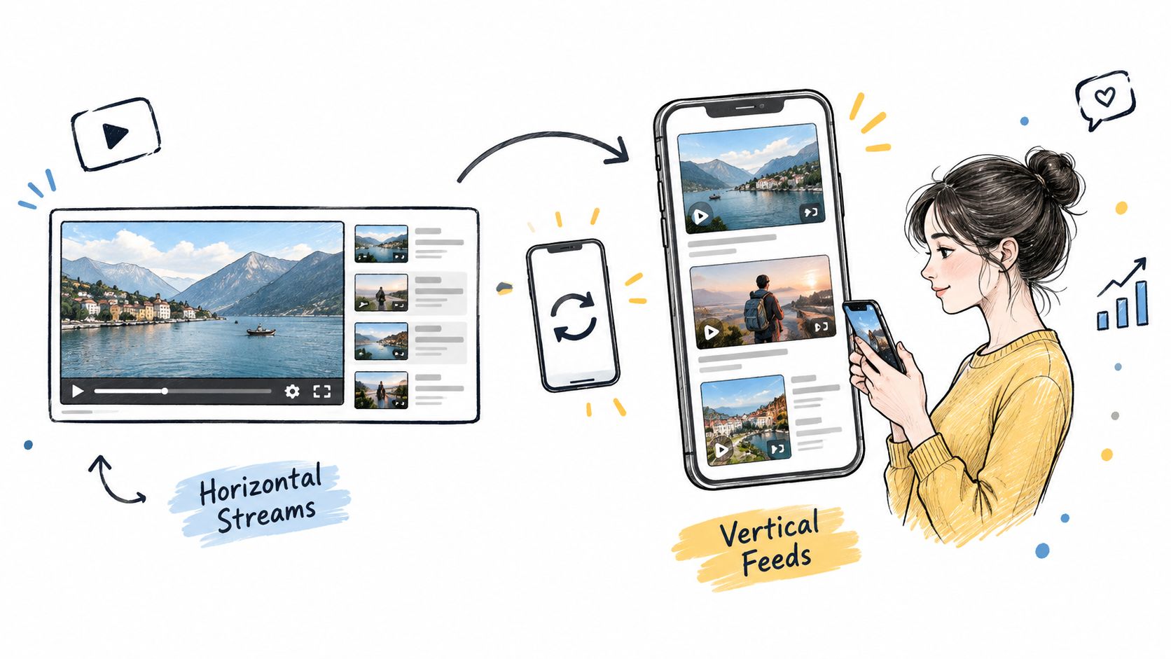A woman using a smartphone to scroll through a vertical video feed, illustrating YouTube short content creation.