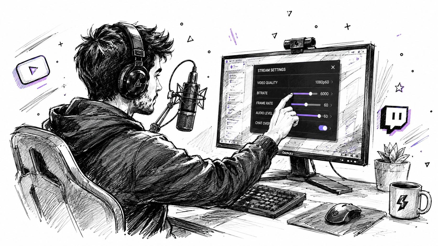 A streamer adjusts 1080p stream settings on a computer monitor while wearing headphones and speaking into a microphone.