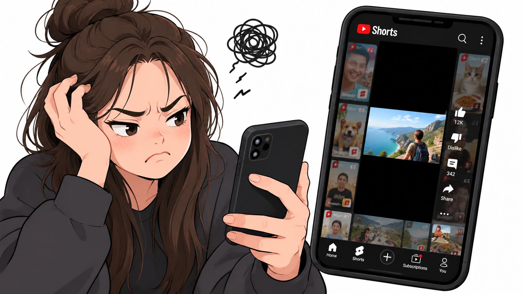 An anime-style girl looking frustrated while holding a phone displaying a vertical YouTube Shorts interface.