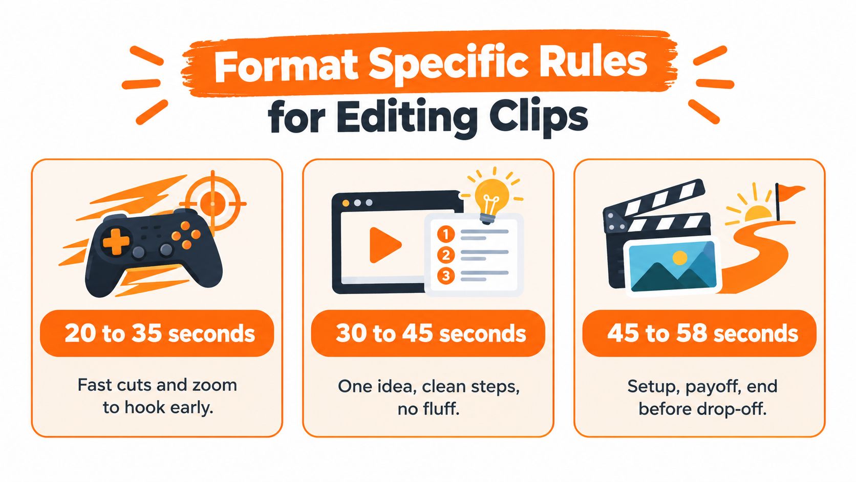 An infographic showing recommended video lengths for different content types to optimize YouTube short engagement.