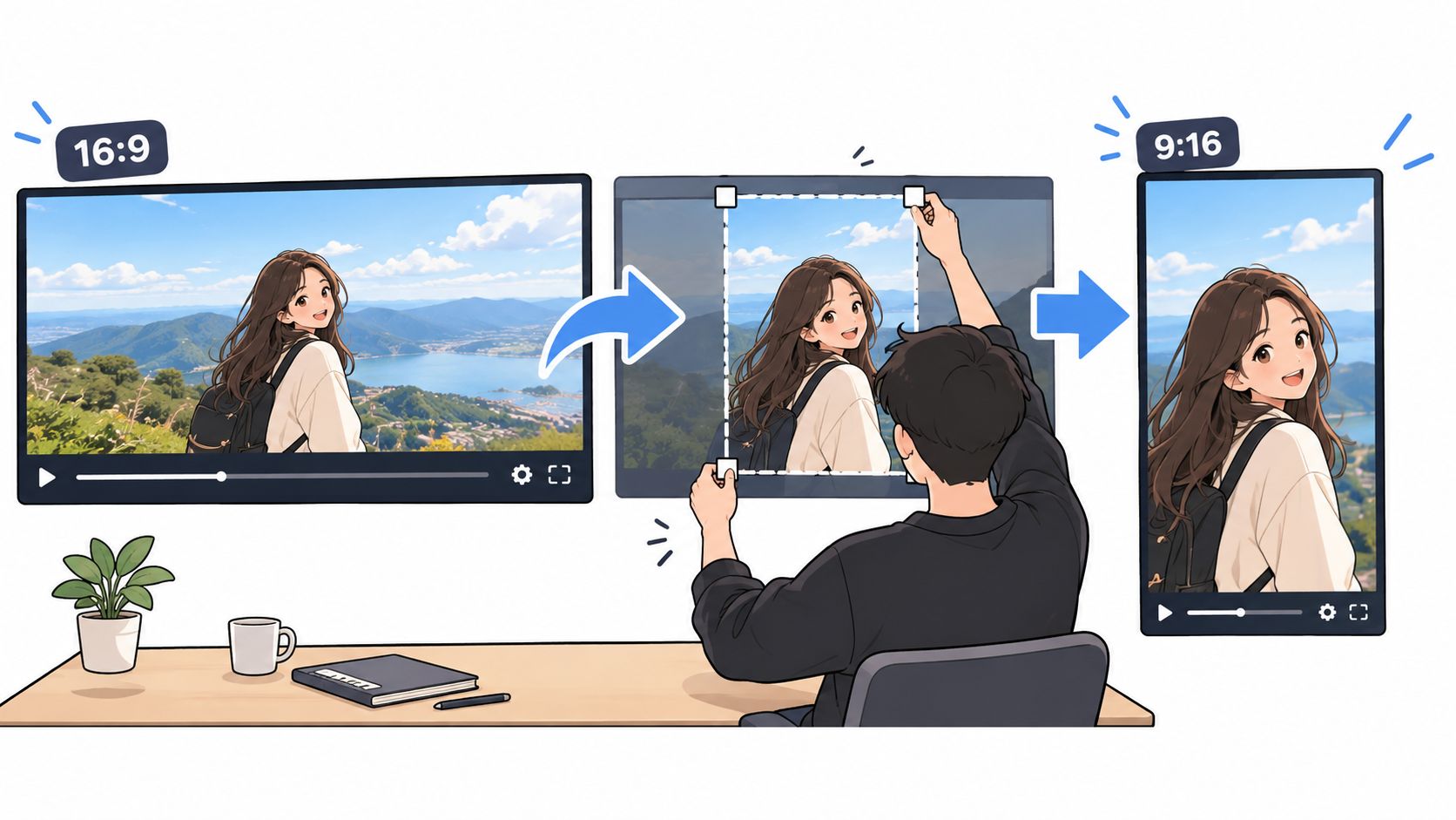 A digital artist cropping a landscape 16:9 video into a vertical 9:16 format for social media.