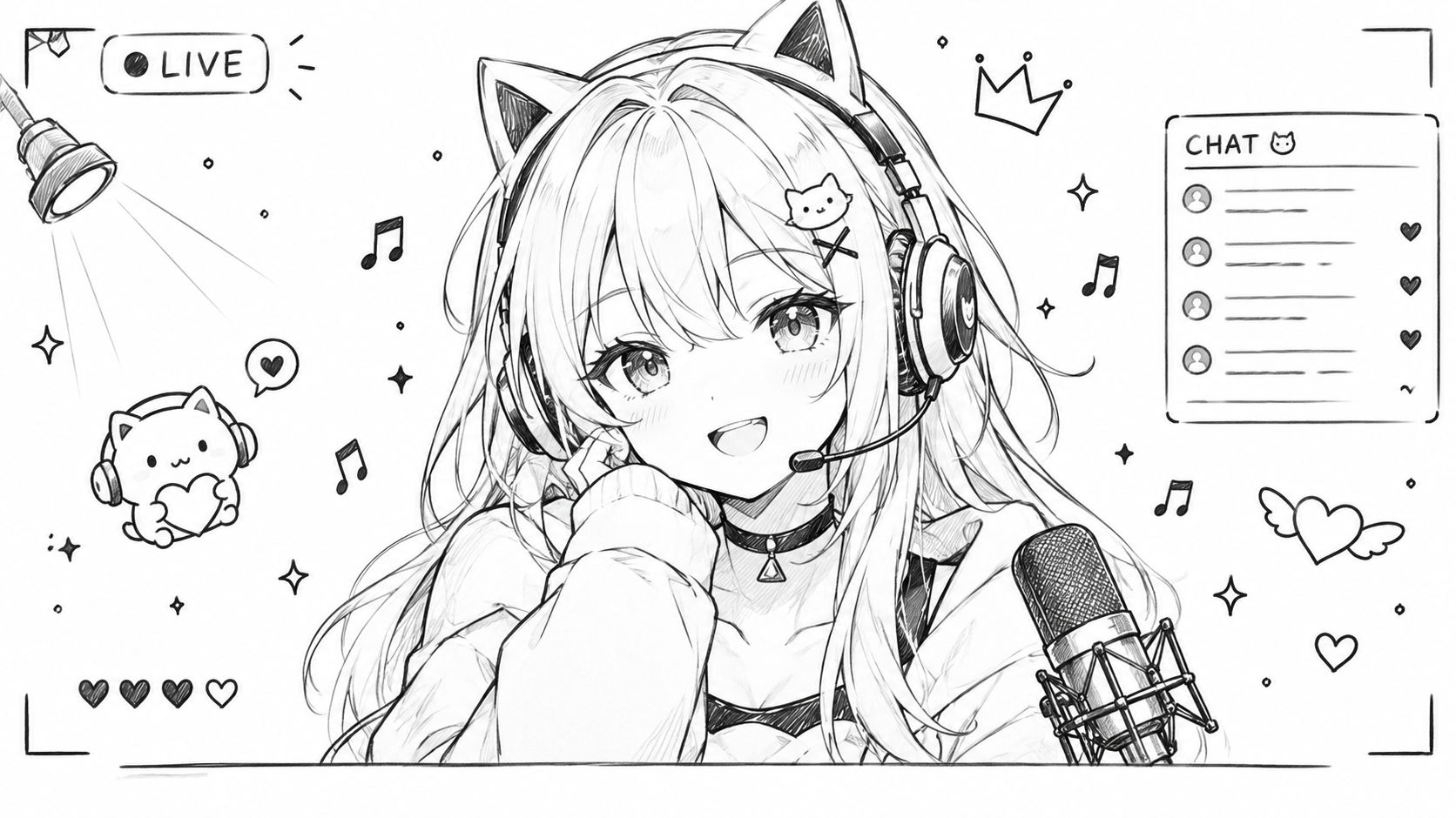 A black and white line art illustration of an anime streamer girl with cat headphones and microphone