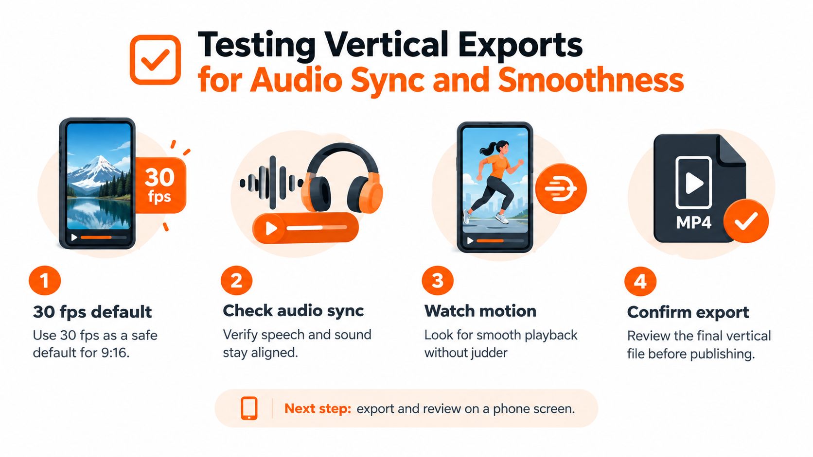 An instructional graphic outlining four steps to test vertical video exports for audio synchronization and playback smoothness.