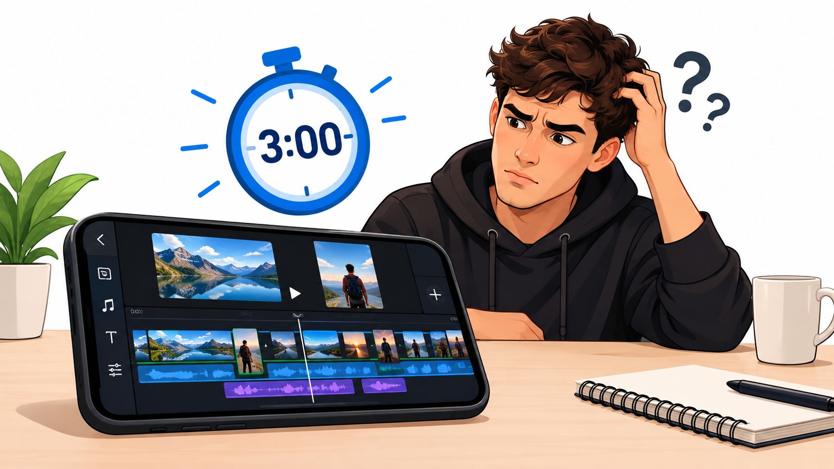 A confused young man looking at his smartphone while editing a long video on a mobile app.