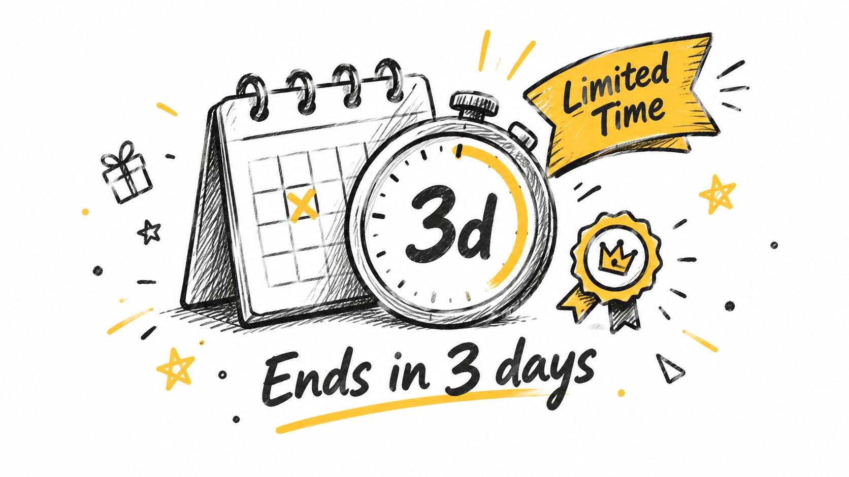A hand-drawn illustration showing a calendar and a timer marking a three-day limited time promotional countdown.