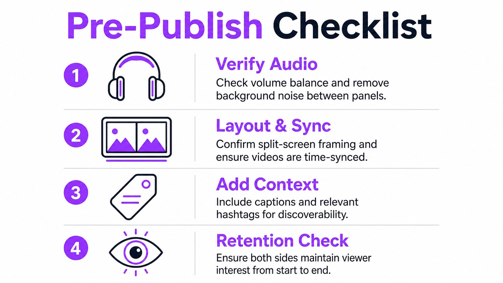 A four-step checklist for publishing split-screen videos on TikTok, including audio, layout, context, and retention.