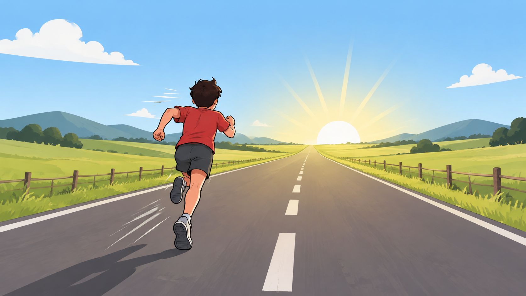 A young boy in a red shirt running down an open road towards the rising sun