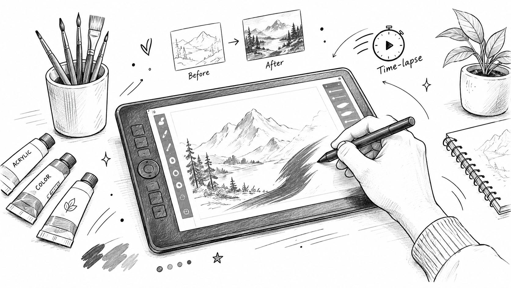 A hand drawing a digital landscape on a graphics tablet with art supplies nearby for streaming ideas.