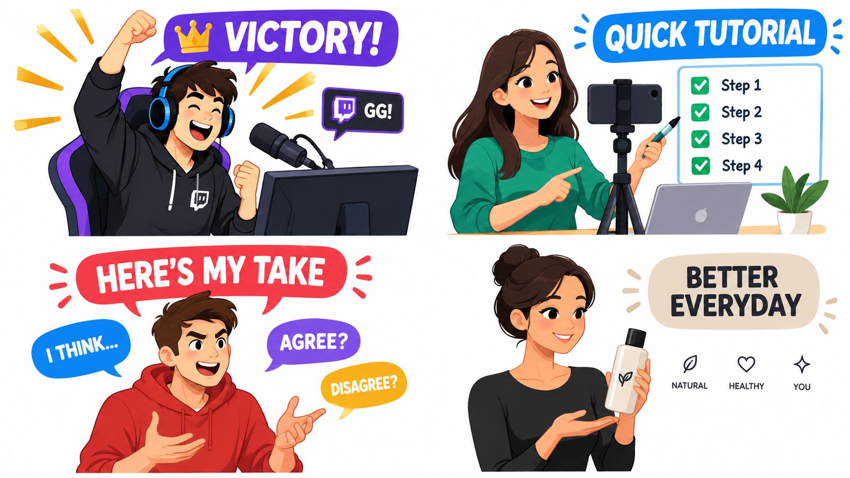 A collage showing diverse content creators using different styles for social media video captions and engagement.