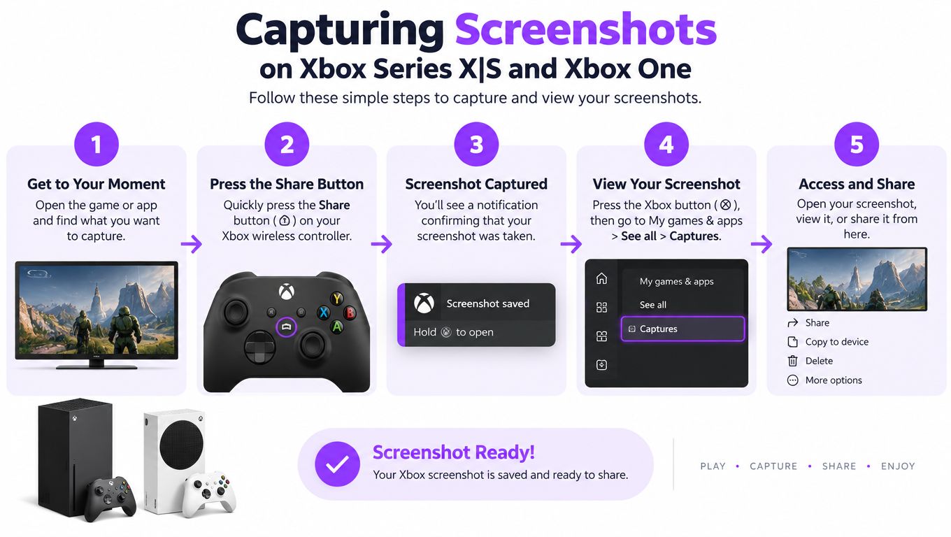 A step-by-step infographic showing how to capture, view, and share screenshots on Xbox consoles.