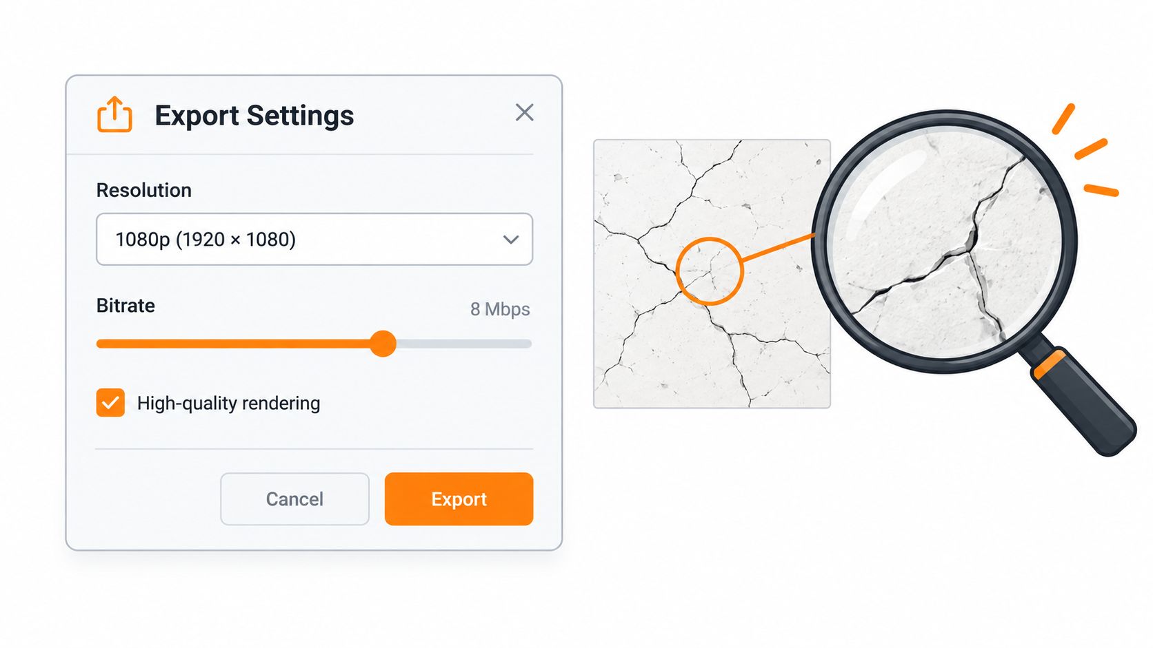 A video export settings dialog box shown next to a magnifying glass revealing detailed cracks in concrete.