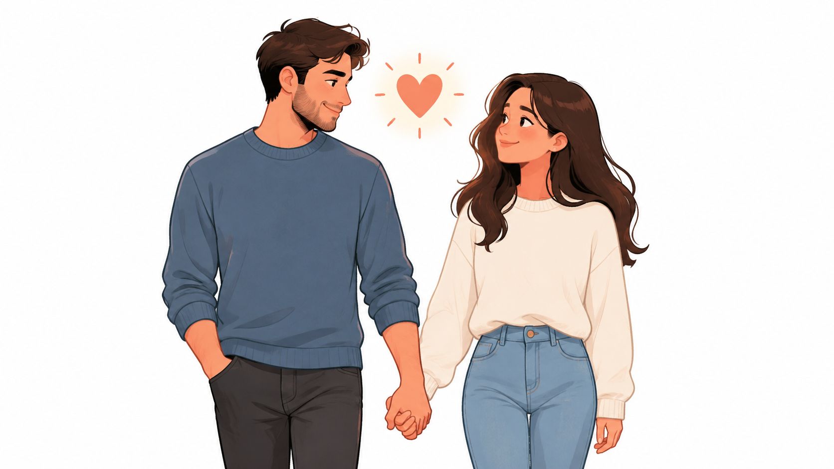 A happy couple walking hand in hand with a glowing heart symbol floating between them.