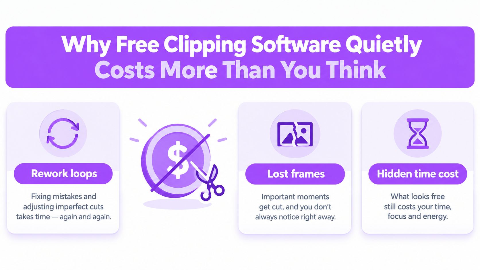 An infographic titled Why Free Clipping Software Quietly Costs More Than You Think highlighting hidden software drawbacks.