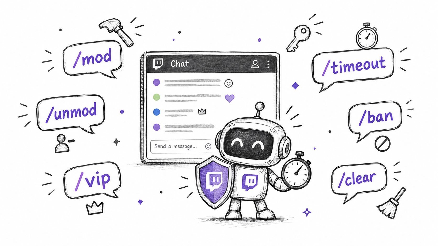 A robot holding a Twitch shield and stopwatch surrounded by chat command bubbles for moderation tools.