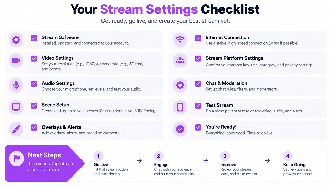 A comprehensive checklist for streamers covering software, settings, audio, and preparation steps for a successful broadcast.