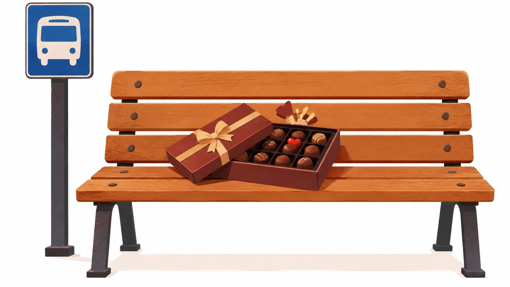 A box of chocolates with a red heart sits on a wooden park bench at a bus stop.