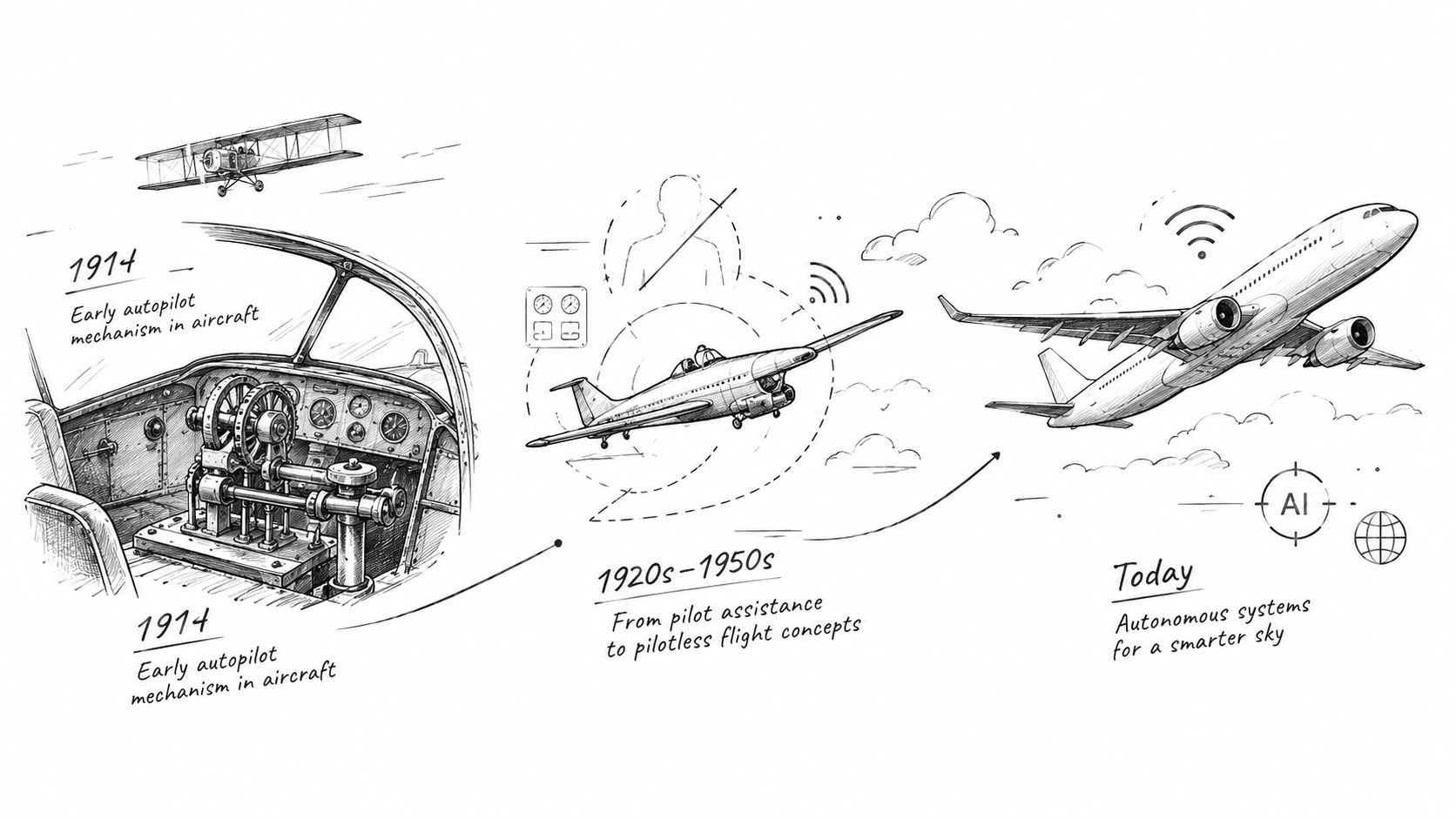 A hand-drawn illustration showing the evolution of aviation technology from 1914 autopilots to modern autonomous artificial intelligence systems.