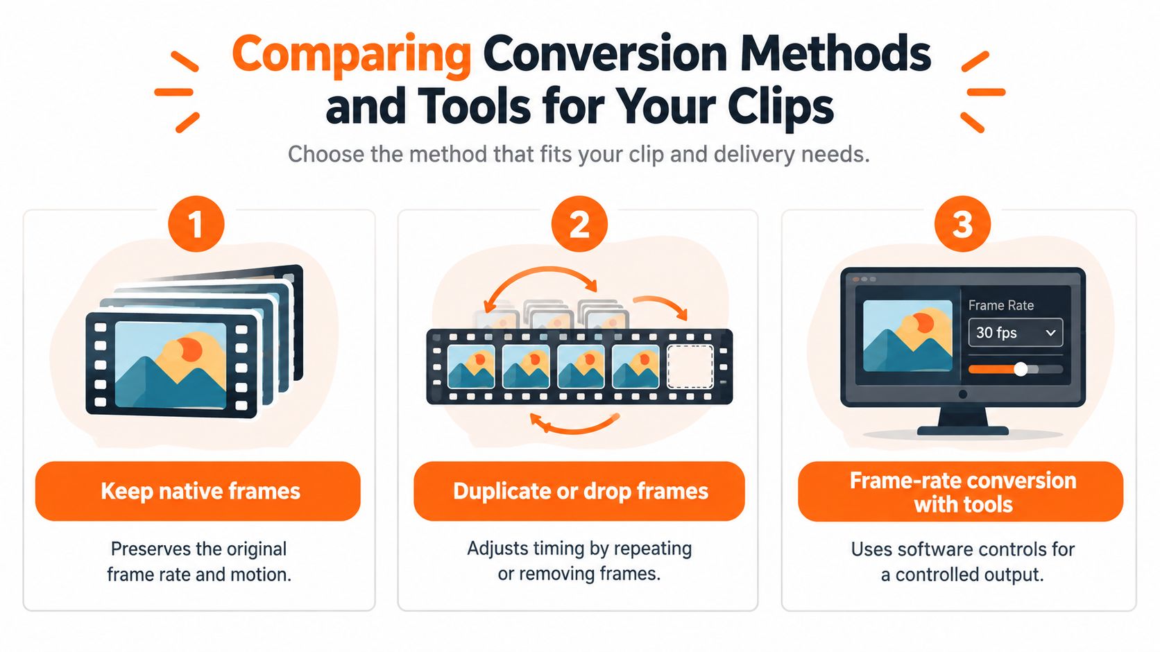 An infographic comparing three methods for video frame rate conversion: native frames, duplicate or drop frames, and software tools.