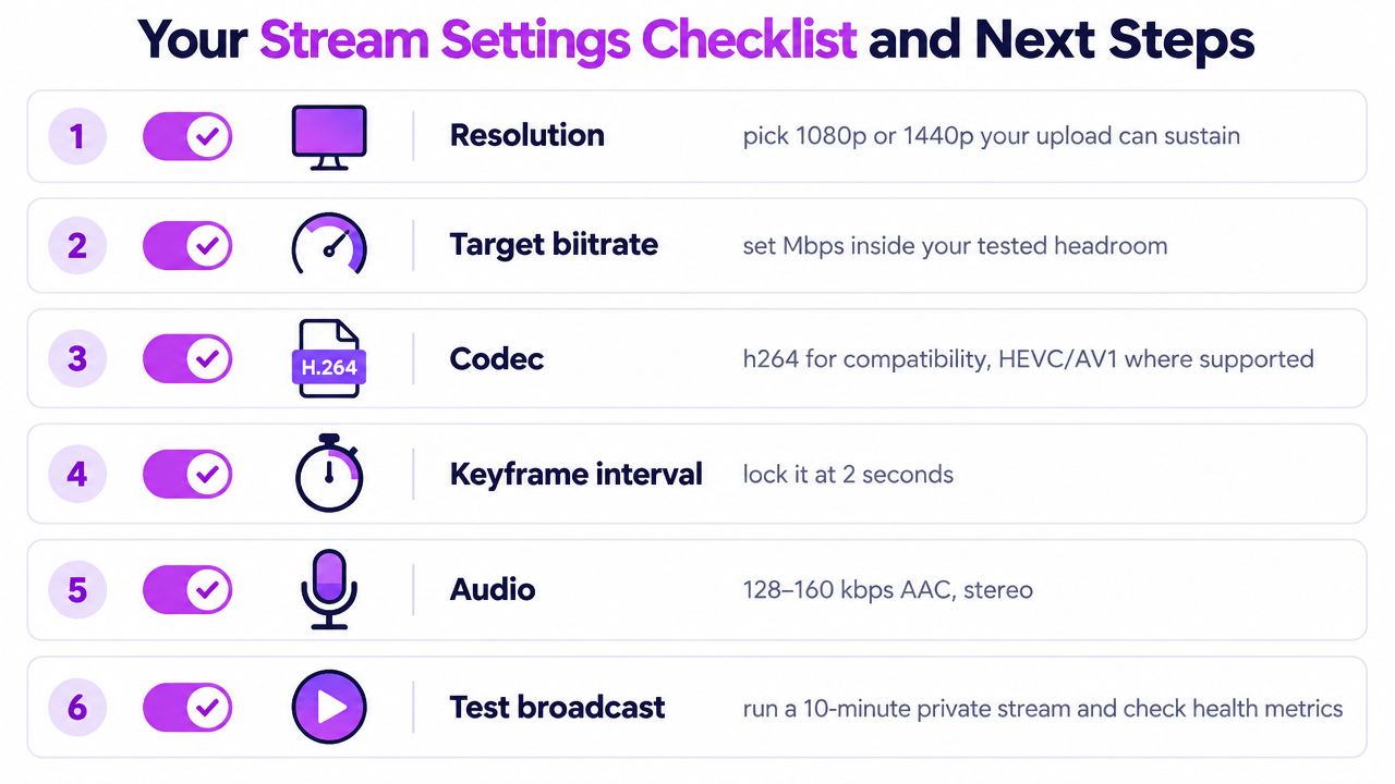A checklist infographic outlining six essential settings for optimizing your live stream quality and performance.