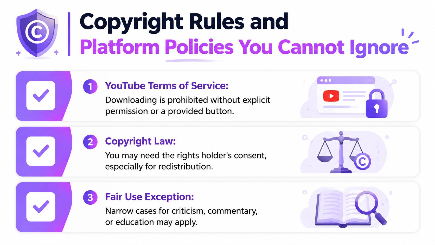 An infographic titled Copyright Rules and Platform Policies outlining YouTube terms, copyright law, and fair use.
