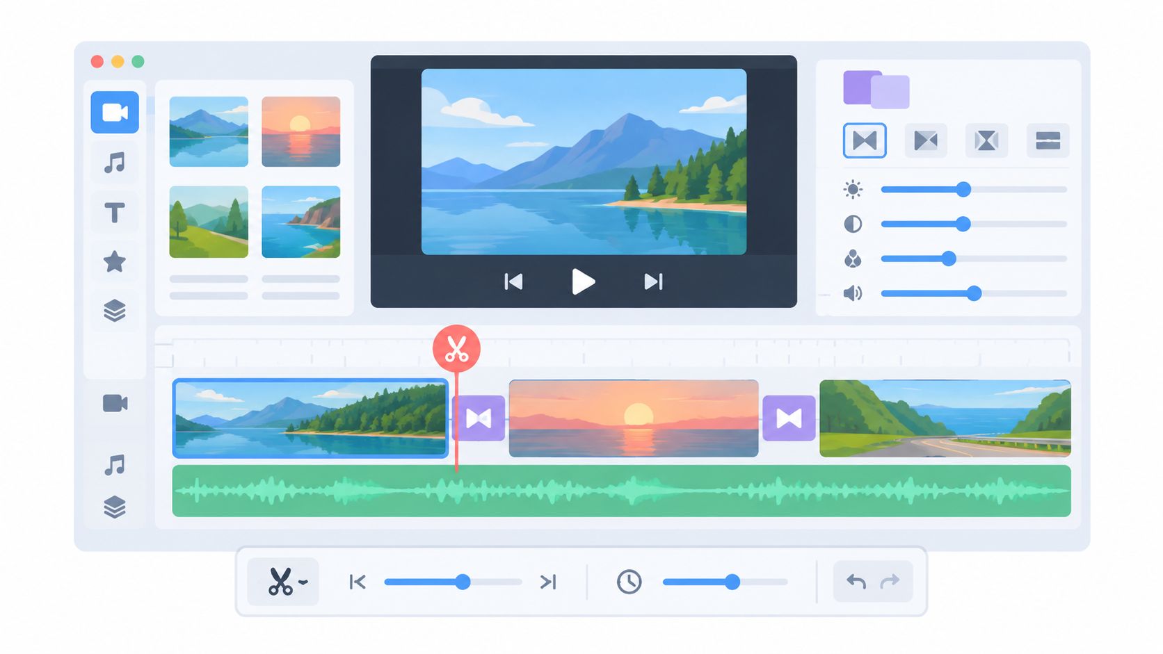A sleek digital video editing interface featuring a timeline with clips, transitions, audio tracks, and editing tools.