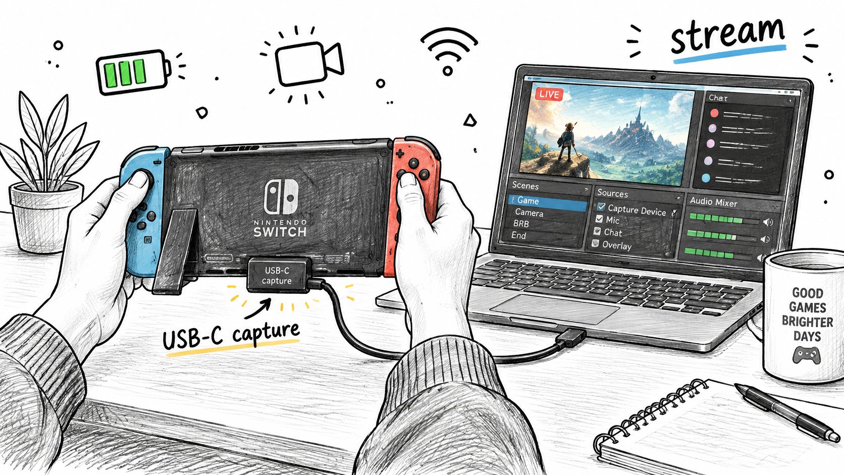 A hand-drawn illustration showing a person connecting a Nintendo Switch to a laptop for live streaming.