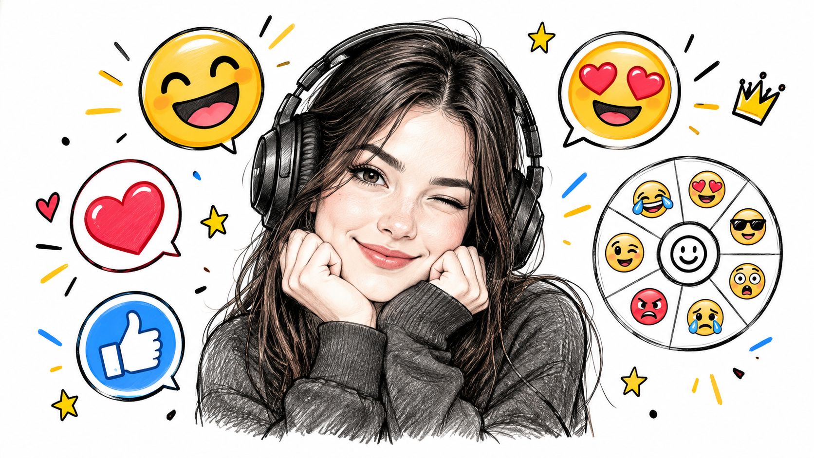 A sketched illustration of a smiling woman with headphones surrounded by social media emojis and icons.