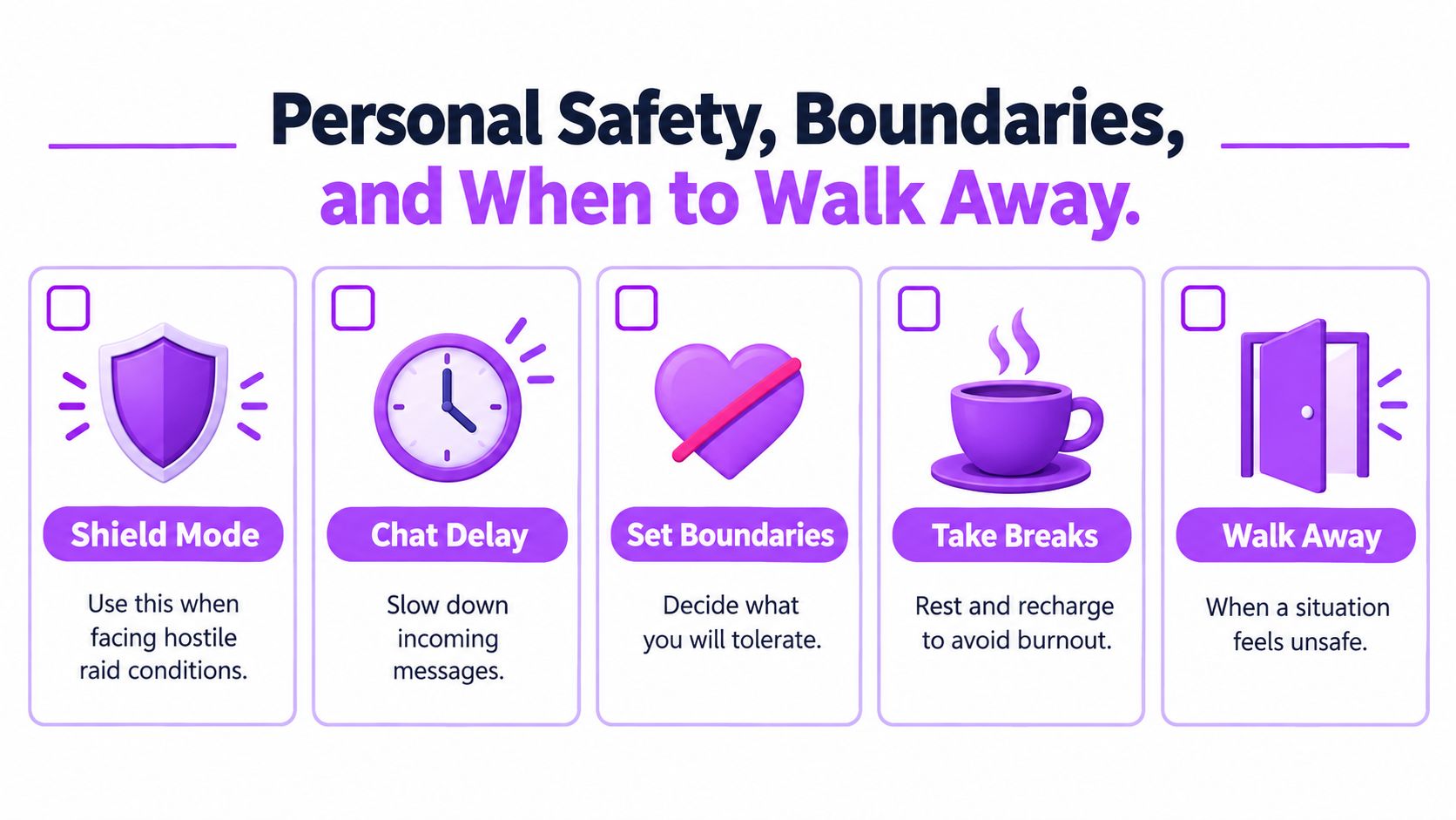 An infographic titled Personal Safety, Boundaries, and When to Walk Away, featuring five safety icons and tips.