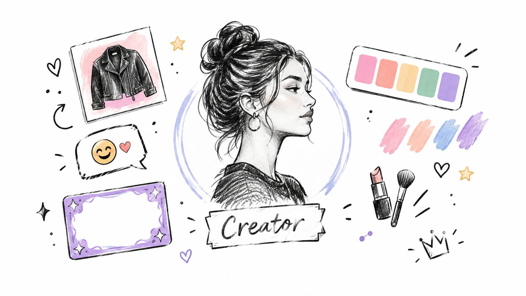 A digital art illustration of a woman in profile surrounded by fashion, beauty, and creative content icons.