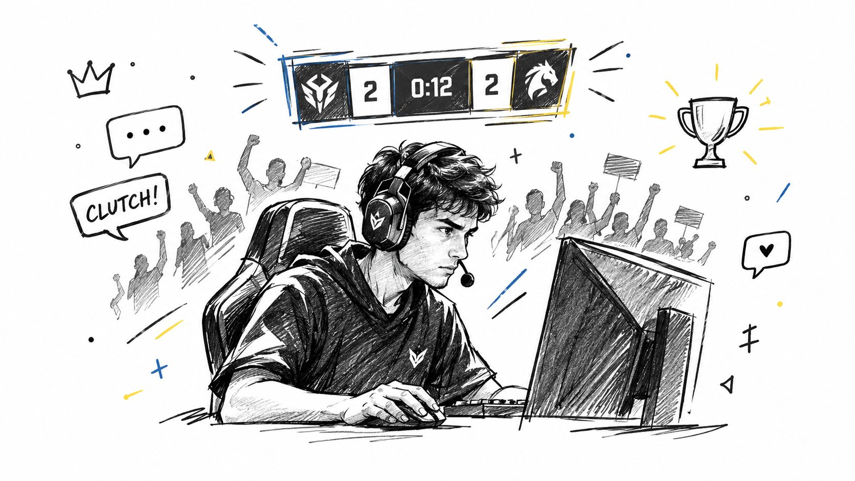 A detailed pencil sketch of a professional gamer wearing a headset playing in a competitive esports tournament.