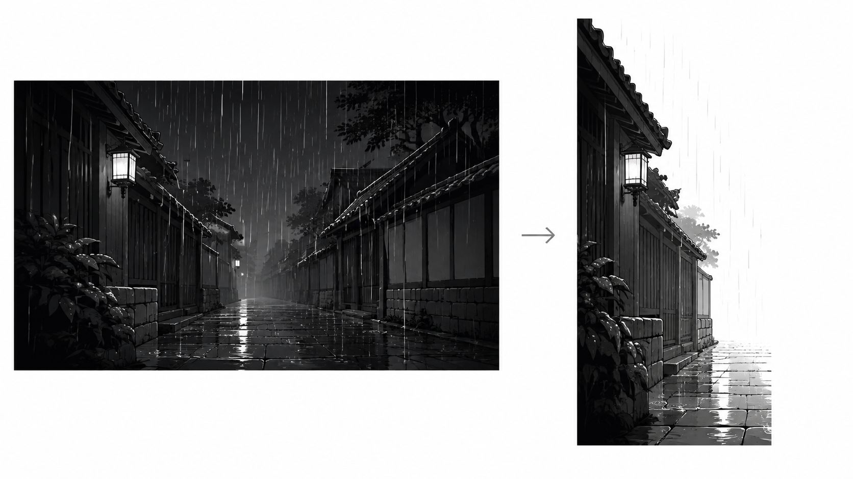 A split comparison of an anime-style street scene at night and a cropped black and white version.