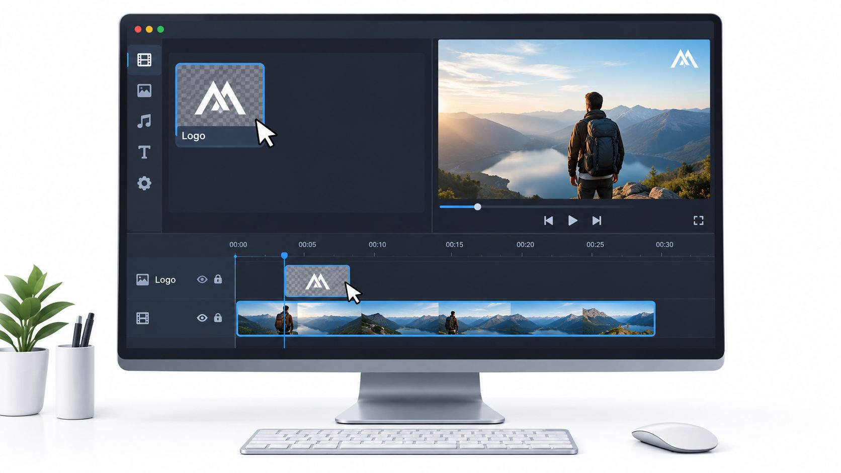 A computer screen showing a video editing software interface with a watermark being added to a landscape video.