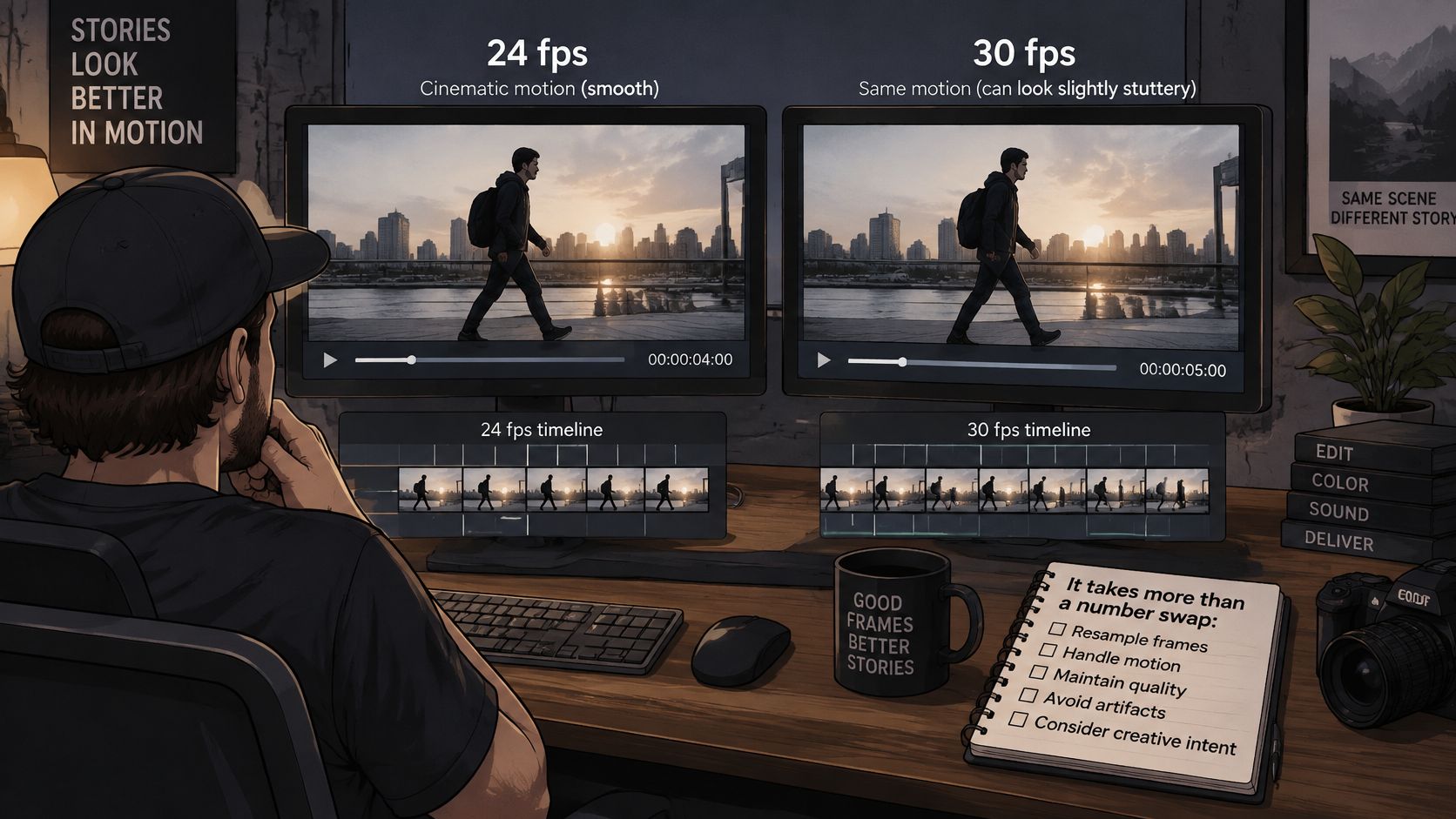 A digital artist reviewing video frames on two monitors to compare 24 fps and 30 fps playback.