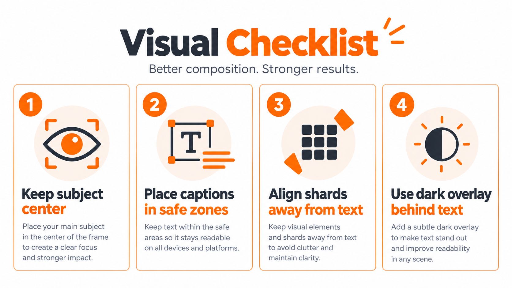 A visual checklist infographic illustrating four design tips to improve composition and readability in visual content.