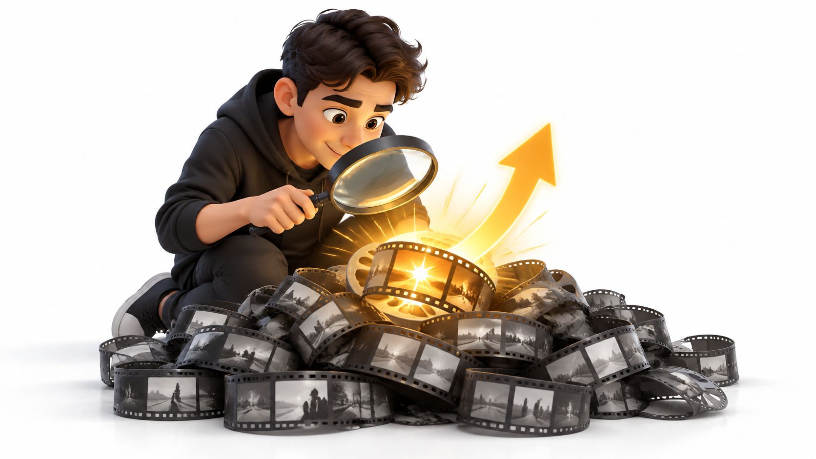 A 3D character examining a pile of film strips with a magnifying glass to create viral videos.