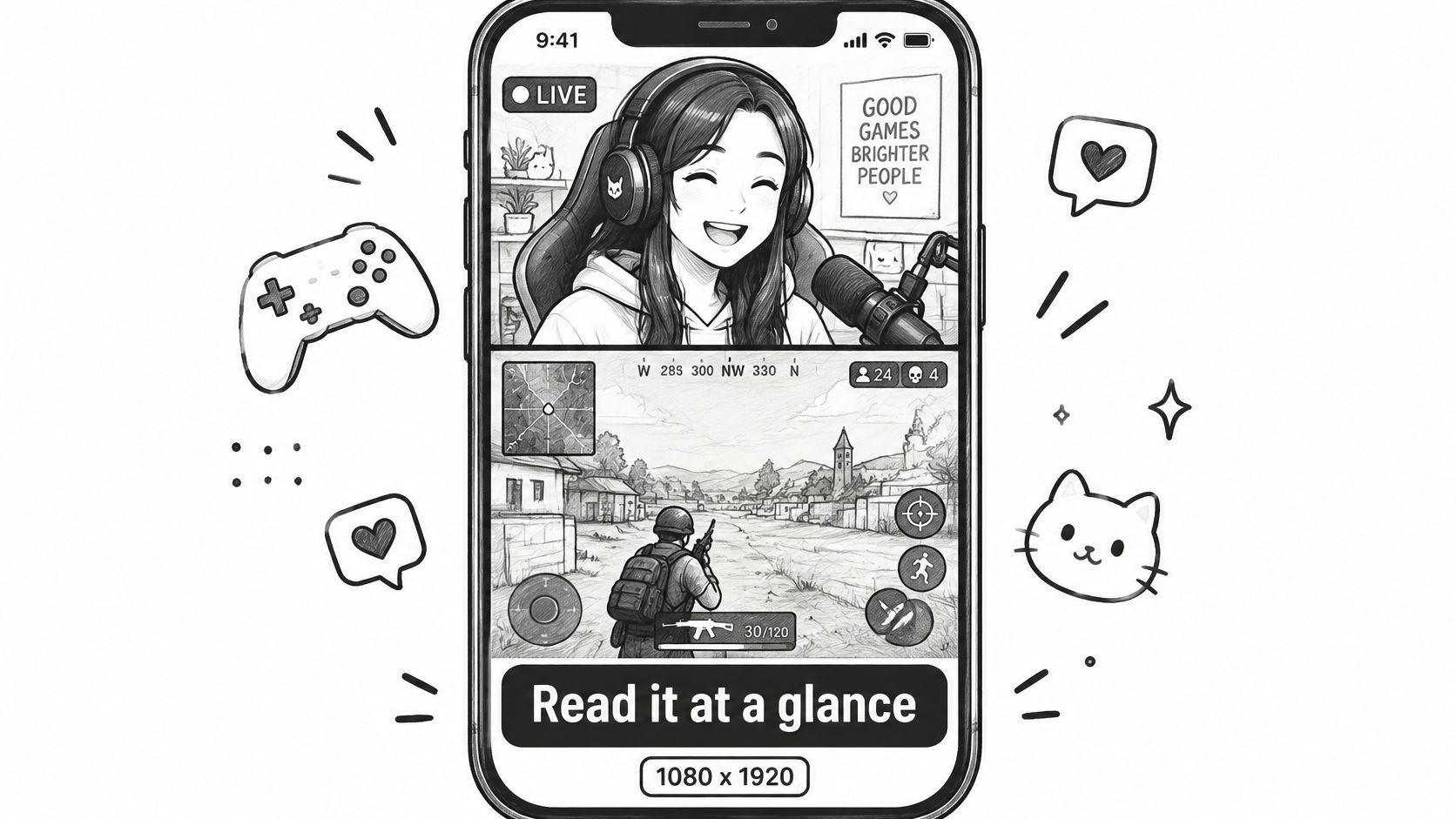 A sketched illustration of a smartphone screen showing a live gaming stream with a creator and gameplay.