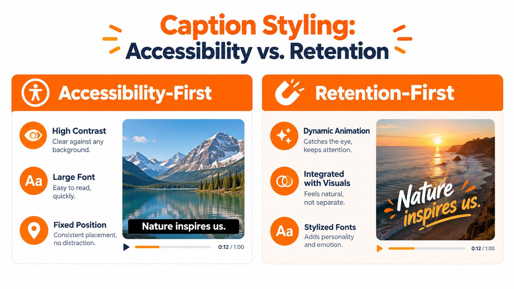 A comparison infographic showing accessibility-first versus retention-first caption styling styles for video content creators.