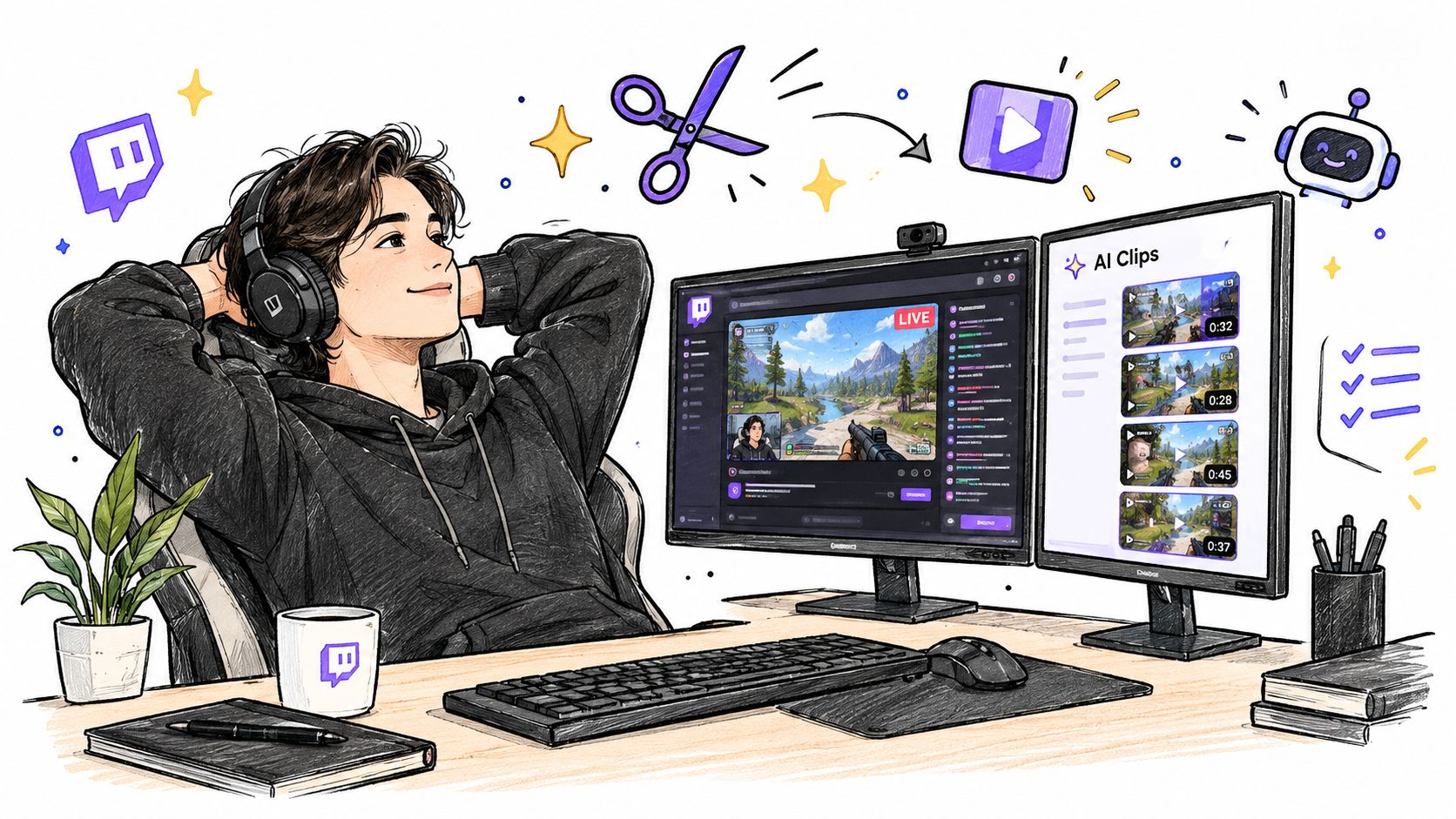 A young gamer wearing headphones relaxing while an AI tool automatically clips highlights from his Twitch livestream.