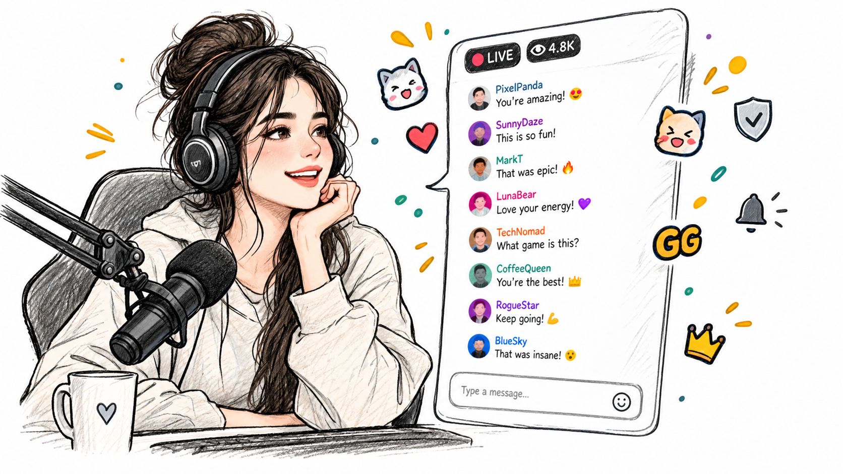 A digital illustration of a cheerful female gamer streaming live on a platform with interactive chat messages.