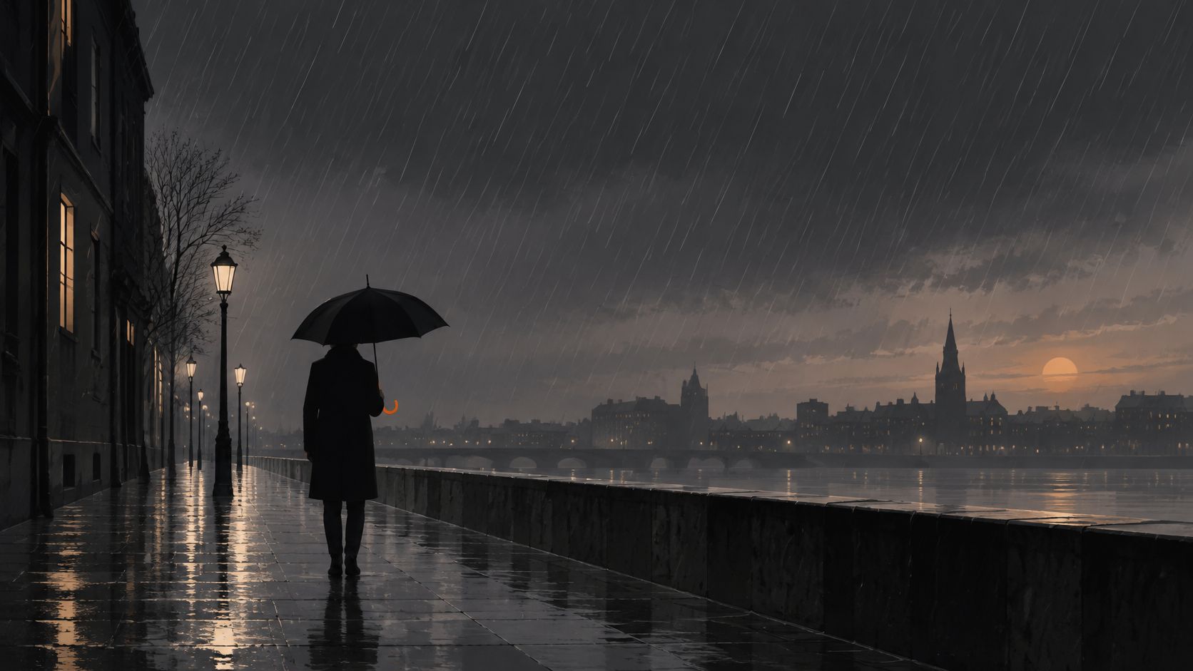 A silhouette of a person holding an umbrella walking along a wet city waterfront during rain.