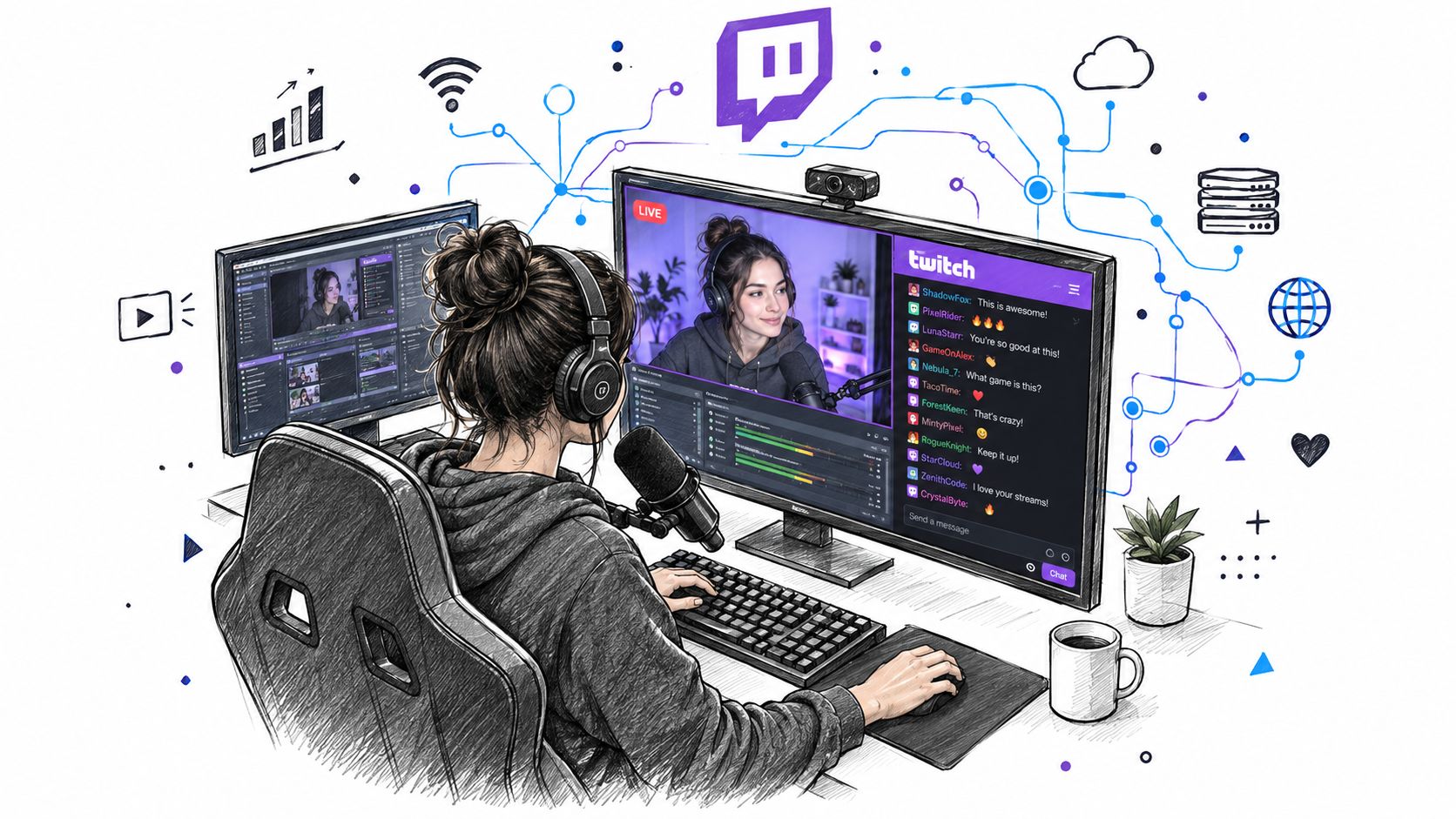 A digital illustration of a woman streaming on Twitch, featuring OBS software, dual monitors, and chat logs.