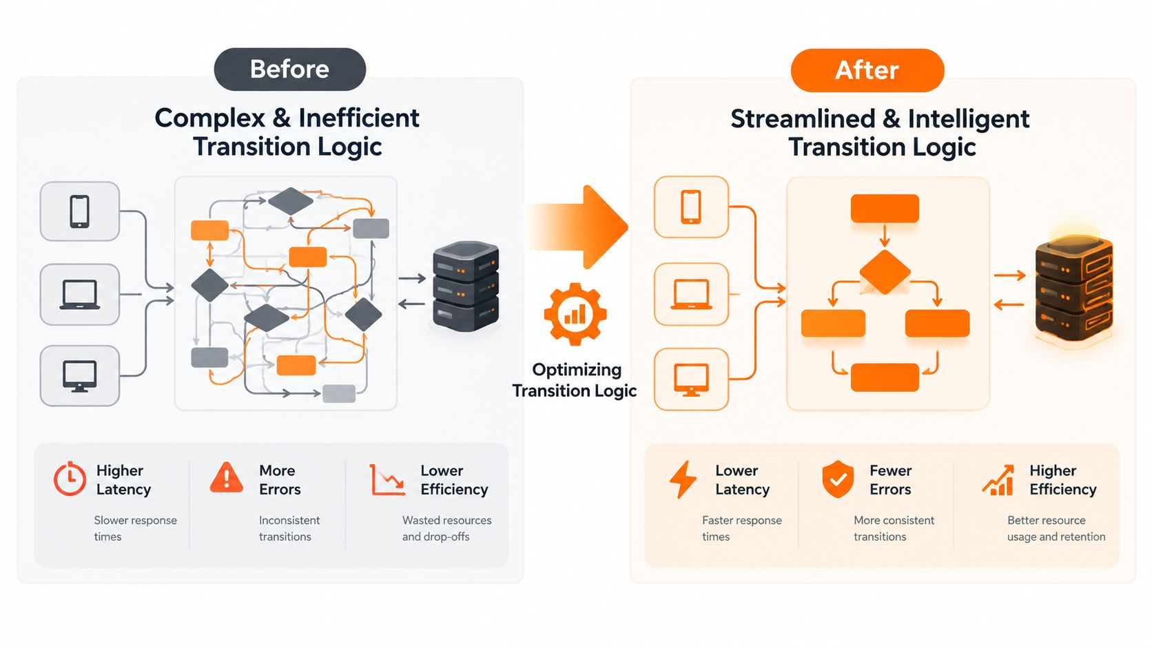 A diagram comparing complex, inefficient transition logic to streamlined, intelligent logic, illustrating improved system performance and efficiency.