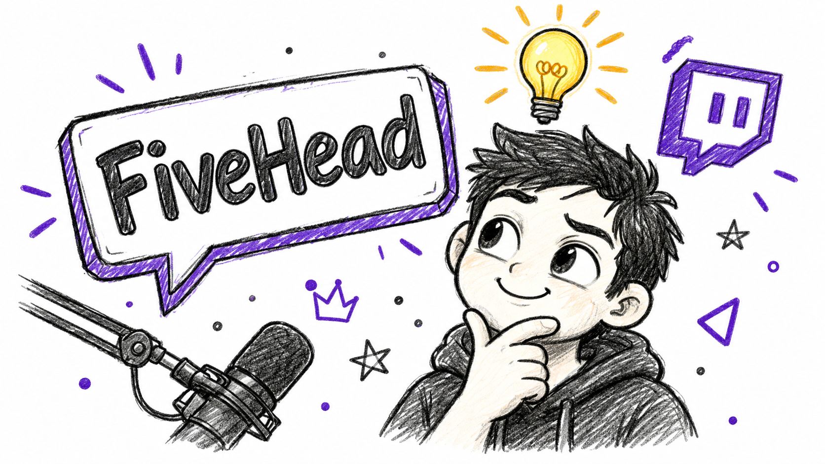 A hand-drawn illustration of a boy thinking with a lightbulb icon, speech bubble, and Twitch logo.